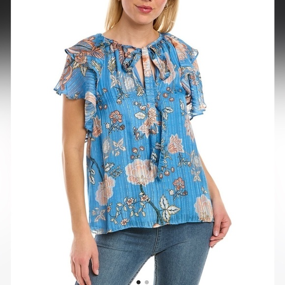 Ramy Brook Printed Sue Ruffle Sleeve Top in Ocean - Picture 1 of 12